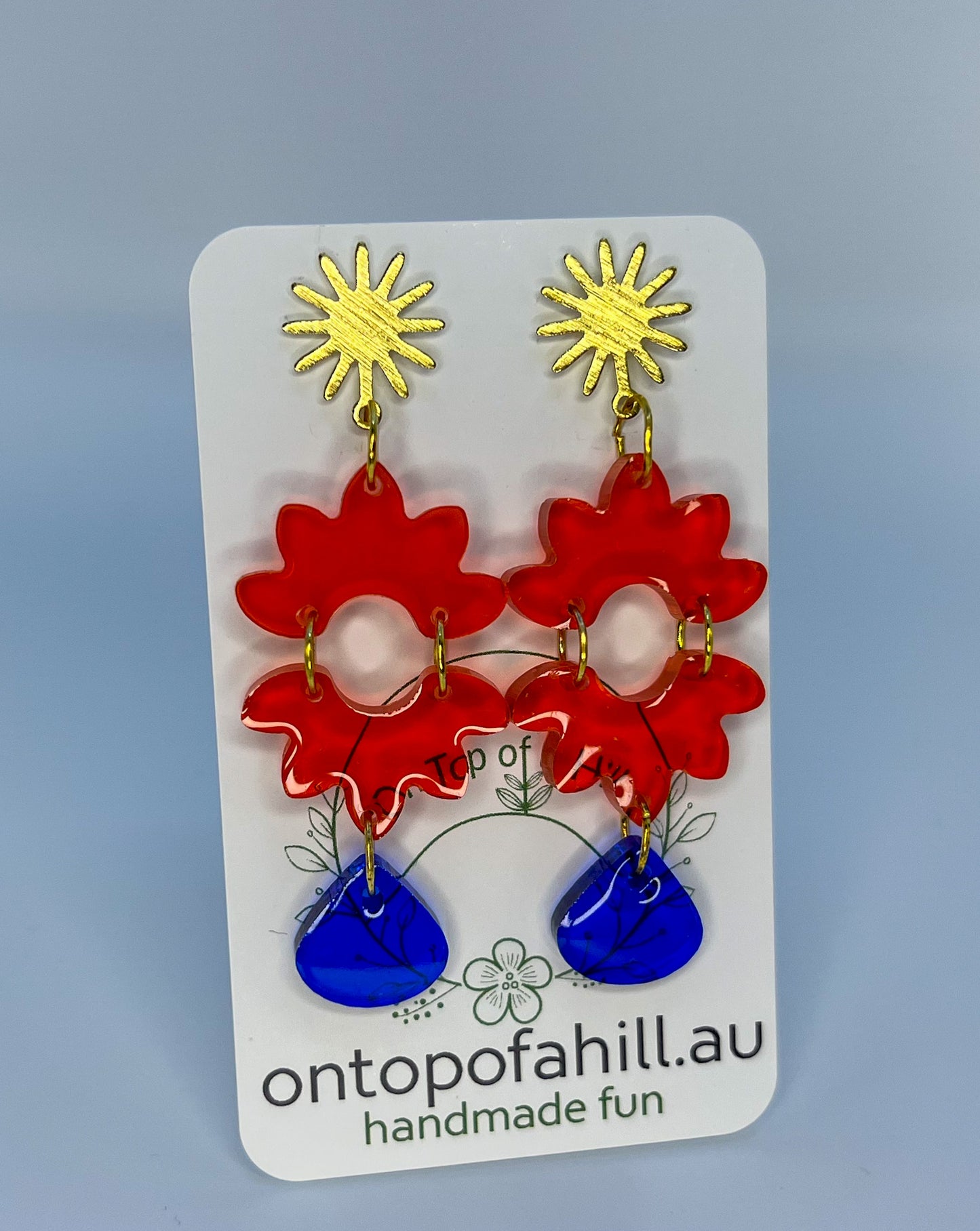 Coral Sun Blue Floral Drop Dangle Earrings