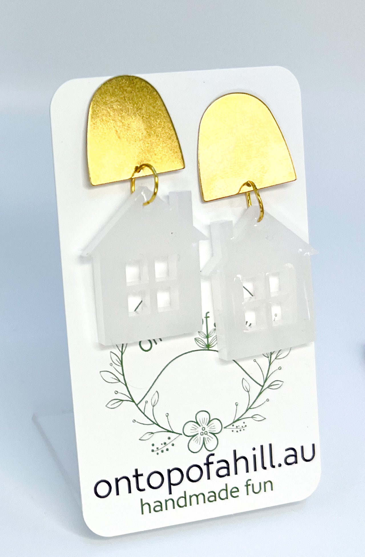 White & Brass House Dangle Earrings