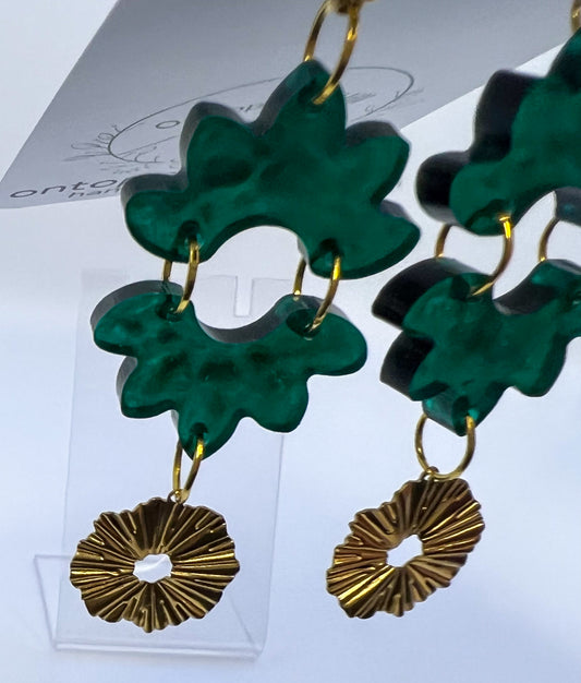 Green & Brass Floral Drop Dangle Earrings