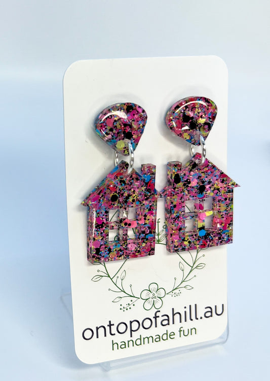 Retro Glitter House Dangle Earrings