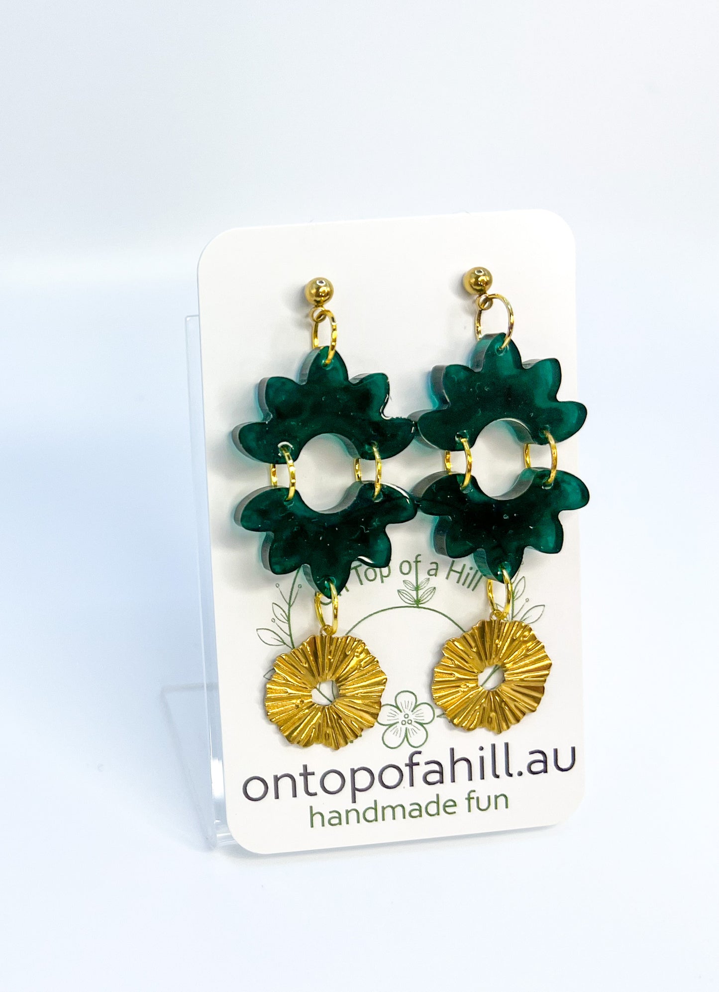 Green & Brass Floral Drop Dangle Earrings