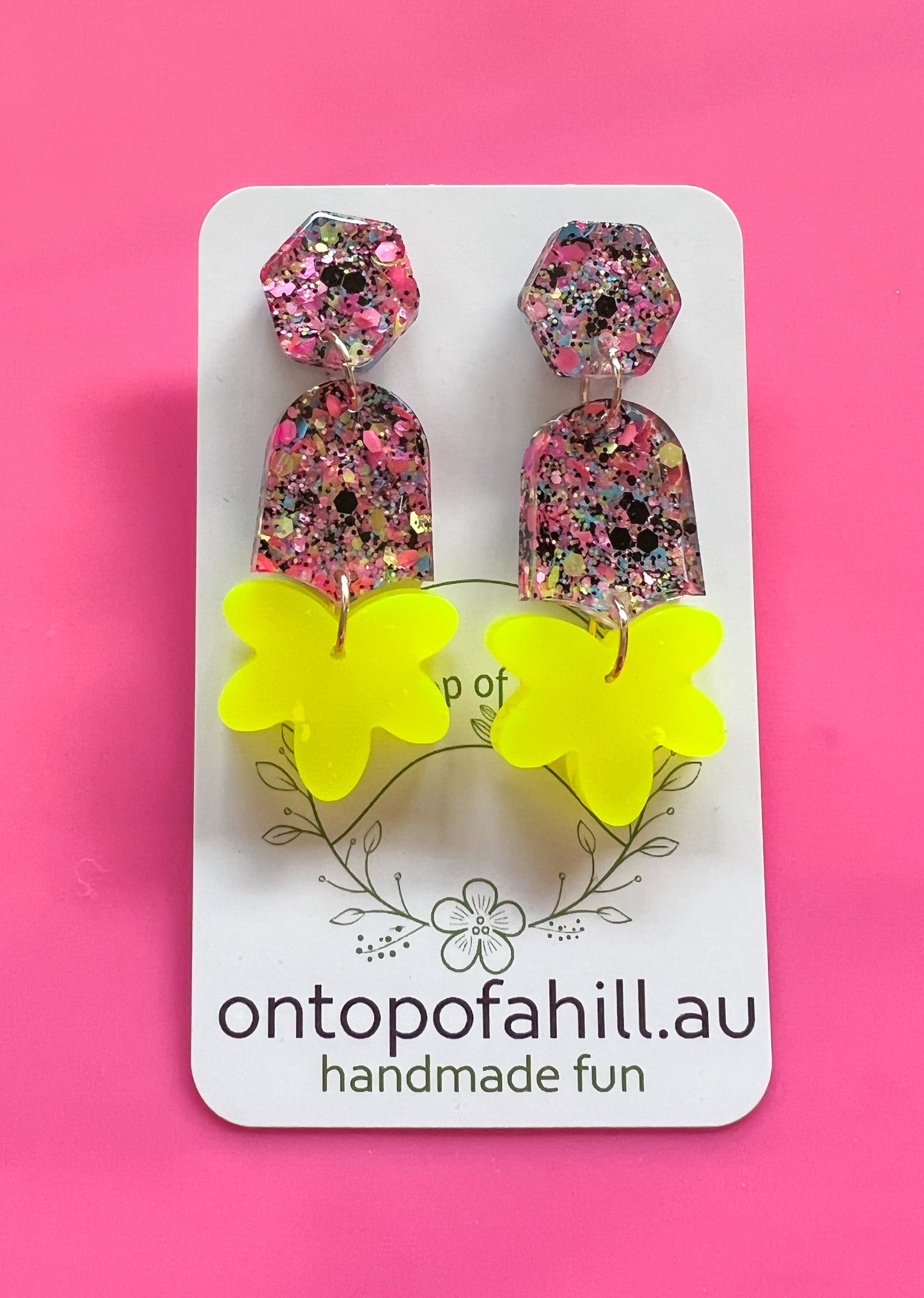 Neon Glitter Flower Bell Dangle Earrings