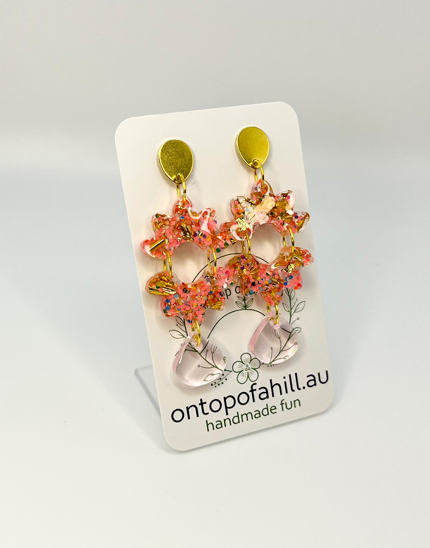 Pink & Gold Floral Drop Dangle Earrings